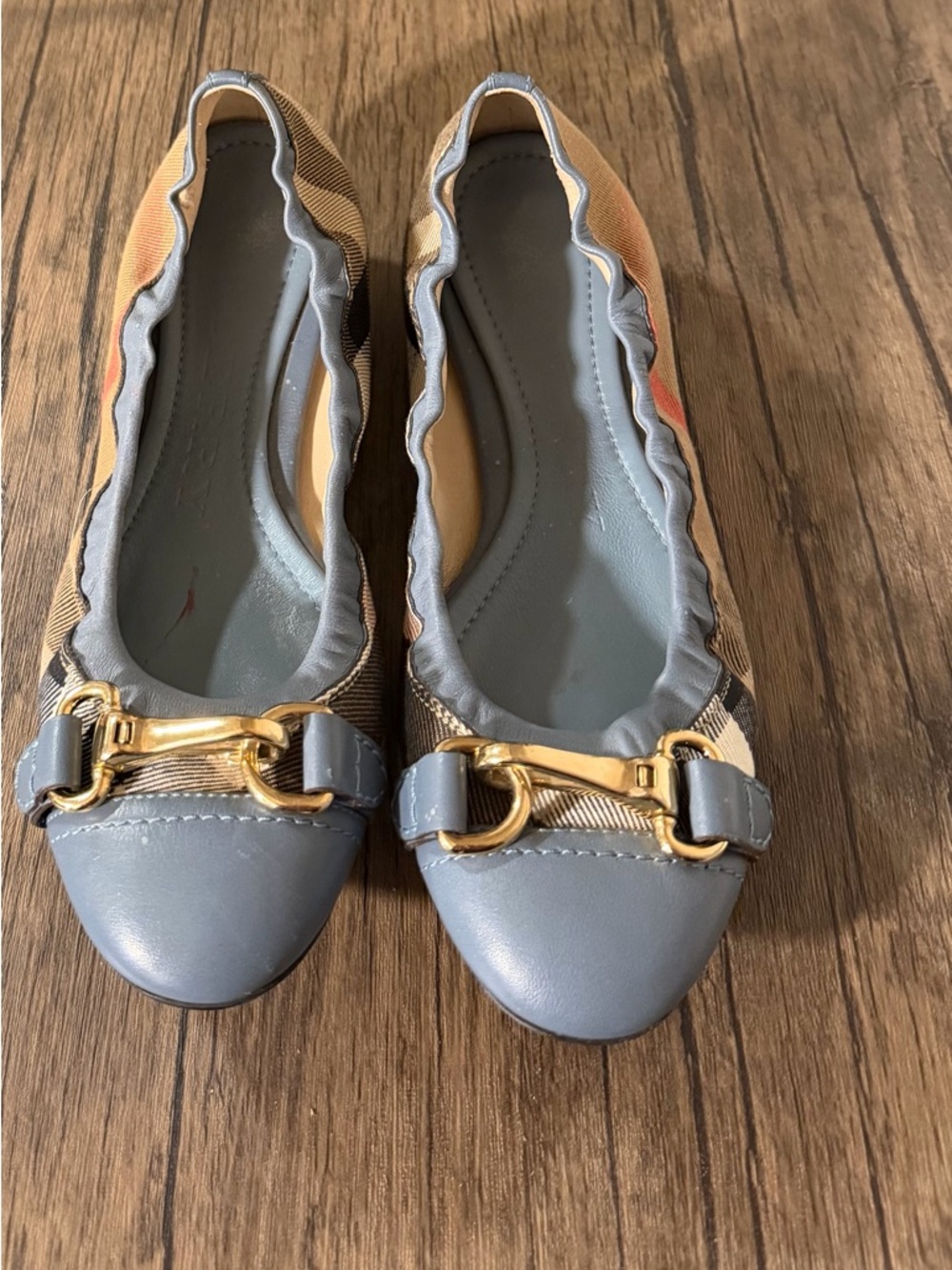 Burberry Blue Leather & Iconic Check Ballet Flats with Gold Hardware